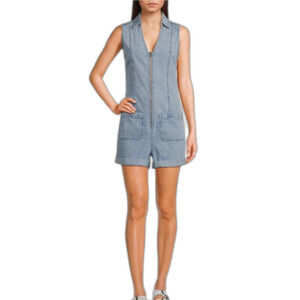 Chelsea‎ & Violet Zip Up Denim Romper L Rolled Hem Classic Sleeveless